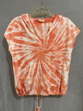 Love and Liberty Tie Dye Hooded Top Women's Small | Coral White Short Sleeve